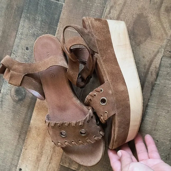 NWOT All Saints Yuki Tan Leather Wooden Platform Boho Sandals Sz EU 40 US 9 Wom