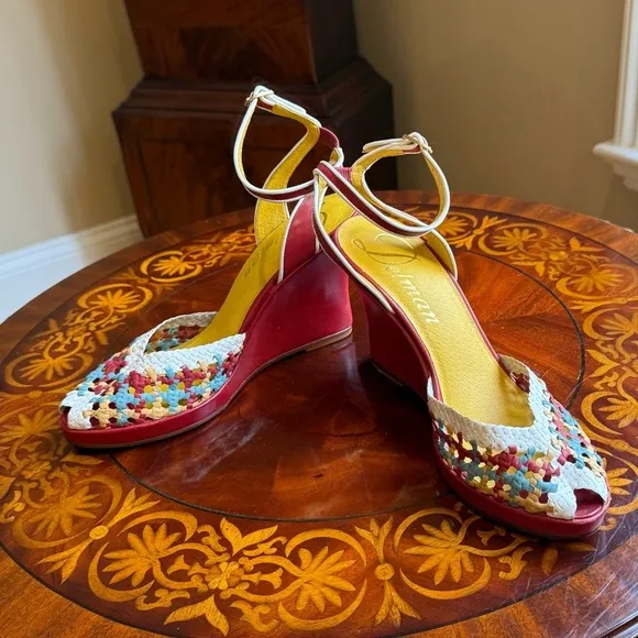 NWOT Delman Red/Yellow Leather Woven Peep toe Sandals 4” heel Size 8 MSRP $295