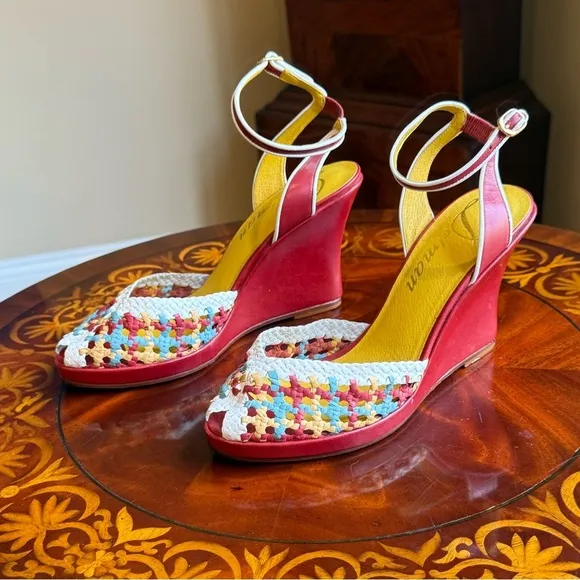 NWOT Delman Red/Yellow Leather Woven Peep toe Sandals 4” heel Size 8 MSRP $295