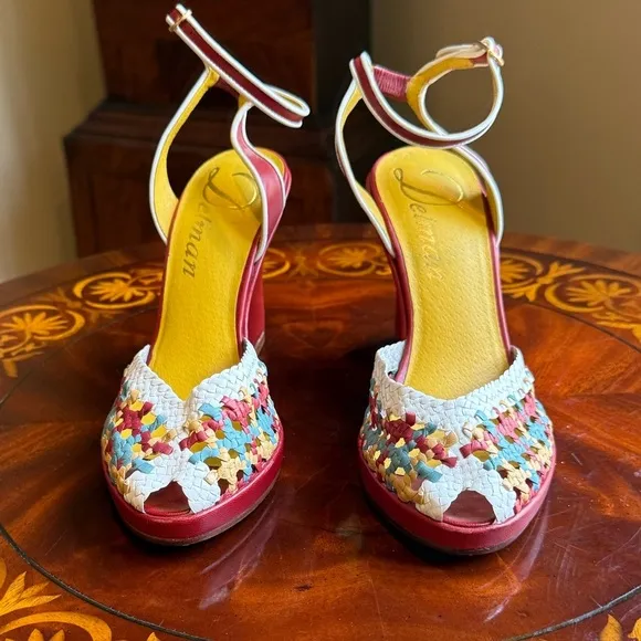 NWOT Delman Red/Yellow Leather Woven Peep toe Sandals 4” heel Size 8 MSRP $295
