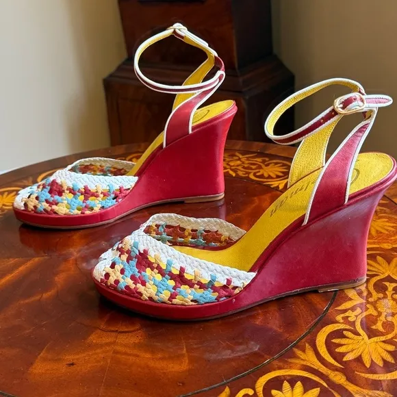 NWOT Delman Red/Yellow Leather Woven Peep toe Sandals 4” heel Size 8 MSRP $295