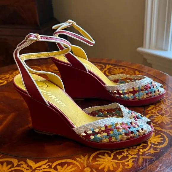 NWOT Delman Red/Yellow Leather Woven Peep toe Sandals 4” heel Size 8 MSRP $295