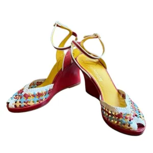 NWOT Delman Red/Yellow Leather Woven Peep toe Sandals 4” heel Size 8 MSRP $295