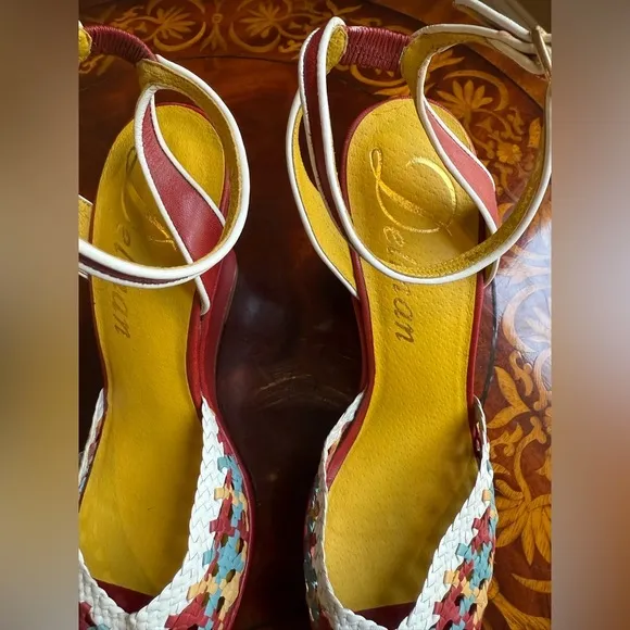 NWOT Delman Red/Yellow Leather Woven Peep toe Sandals 4” heel Size 8 MSRP $295