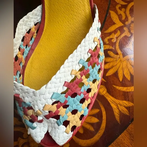 NWOT Delman Red/Yellow Leather Woven Peep toe Sandals 4” heel Size 8 MSRP $295