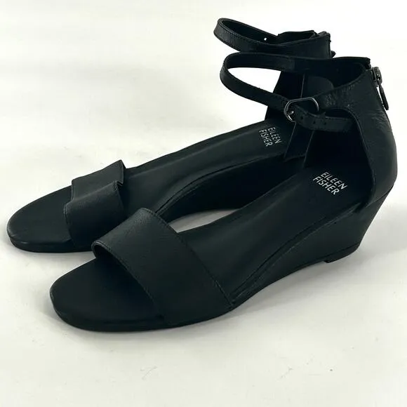 NWOT Eileen Fisher Mara Leather Sandals 5 Black Wedge Women's