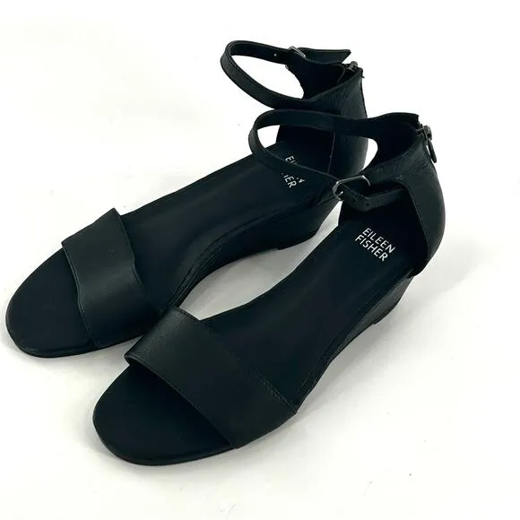 NWOT Eileen Fisher Mara Leather Sandals 5 Black Wedge Women's