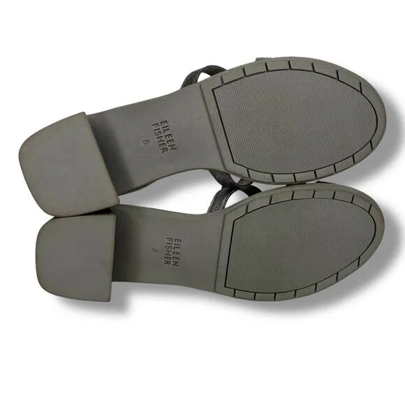 NWOT Eileen Fisher Noni Sandals Ankle Strap Silver Leather Block Heel Size 8
