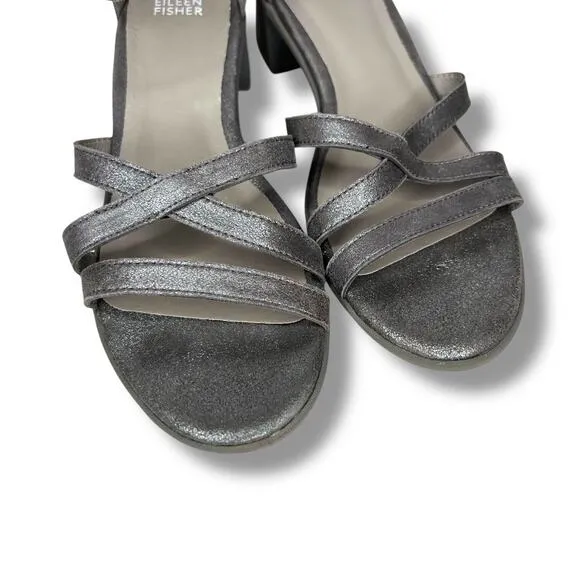 NWOT Eileen Fisher Noni Sandals Ankle Strap Silver Leather Block Heel Size 8