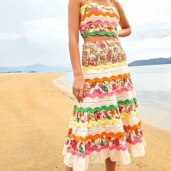 NWOT Farm Rio Toucan's Garden Multi Tiered Elasticized Waist Maxi Skirt XL $220