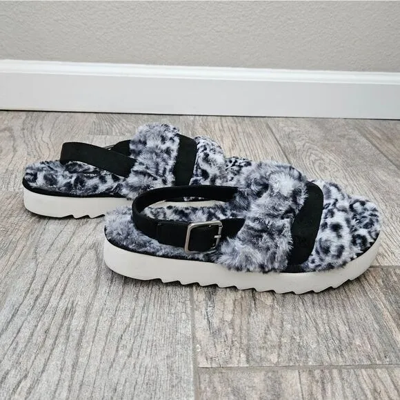 NWOT Koolaburra by UGG Black White Cheetah Adjustable Slide Sandals Fuzz'd Out