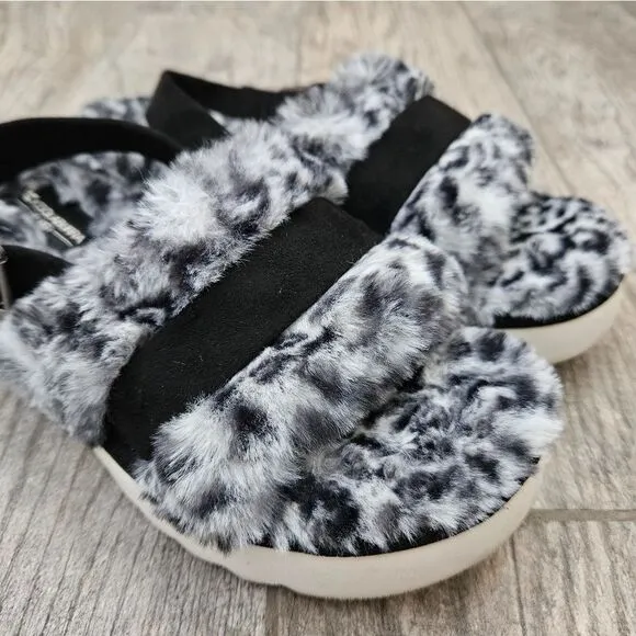 NWOT Koolaburra by UGG Black White Cheetah Adjustable Slide Sandals Fuzz'd Out