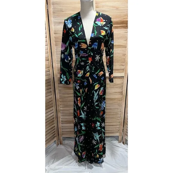 NWOT Rixo London Rose Cascading Ruffle and Open Back Silk Dress - sz MED