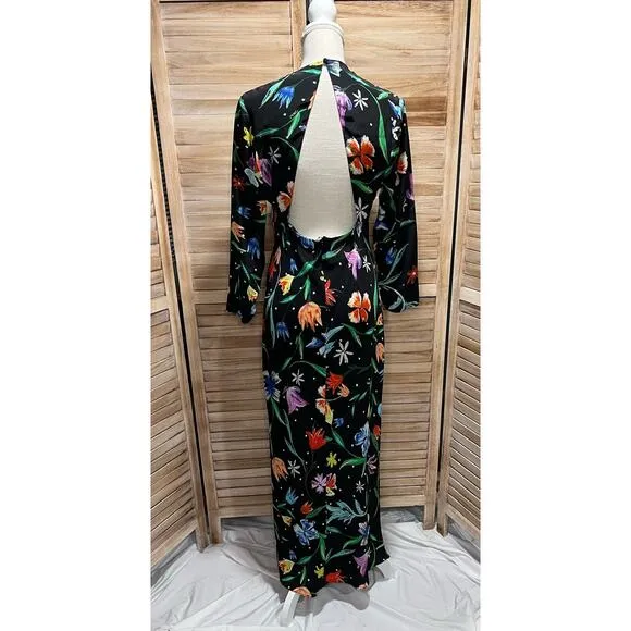 NWOT Rixo London Rose Cascading Ruffle and Open Back Silk Dress - sz MED