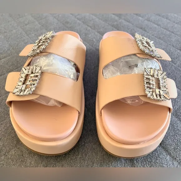 NWOT SHU SHOP Lola Nude Leather Sz 9 Double Strap Platform Slides Sandals