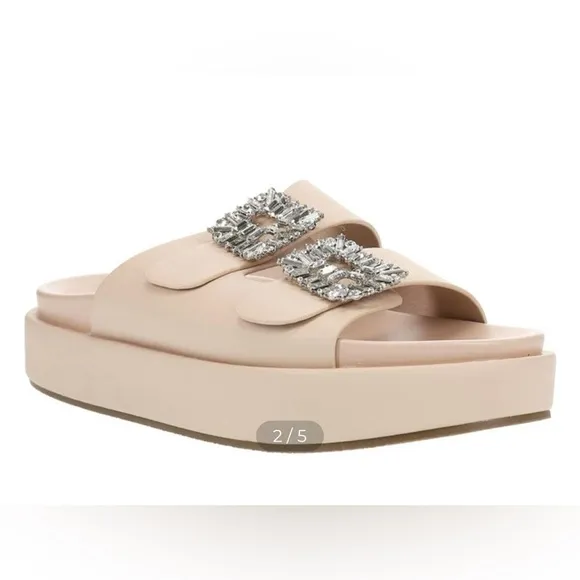 NWOT SHU SHOP Lola Nude Leather Sz 9 Double Strap Platform Slides Sandals