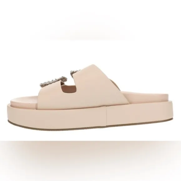 NWOT SHU SHOP Lola Nude Leather Sz 9 Double Strap Platform Slides Sandals