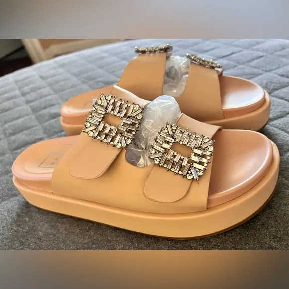 NWOT SHU SHOP Lola Nude Leather Sz 9 Double Strap Platform Slides Sandals