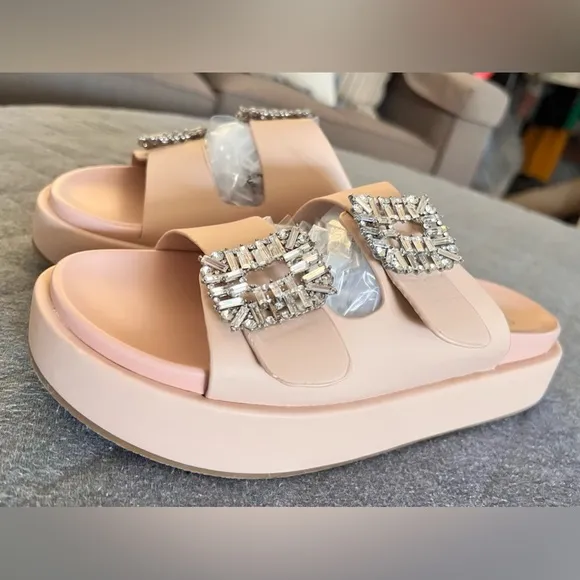 NWOT SHU SHOP Lola Nude Leather Sz 9 Double Strap Platform Slides Sandals
