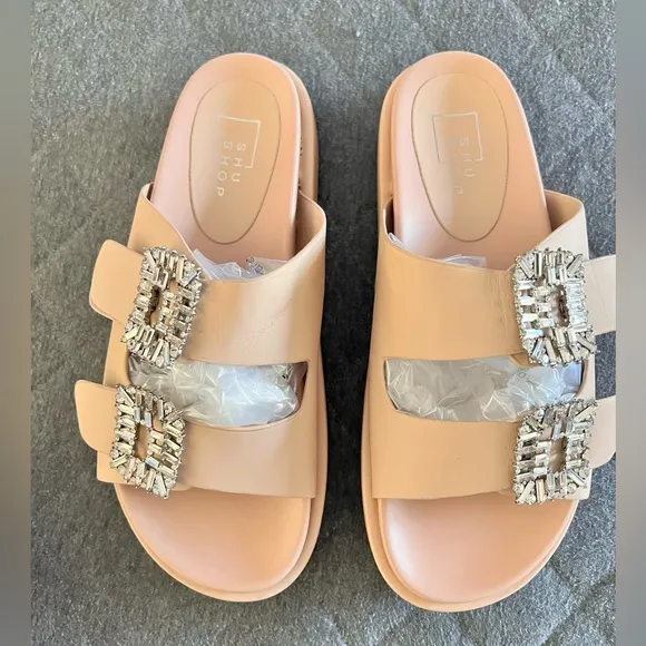 NWOT SHU SHOP Lola Nude Leather Sz 9 Double Strap Platform Slides Sandals