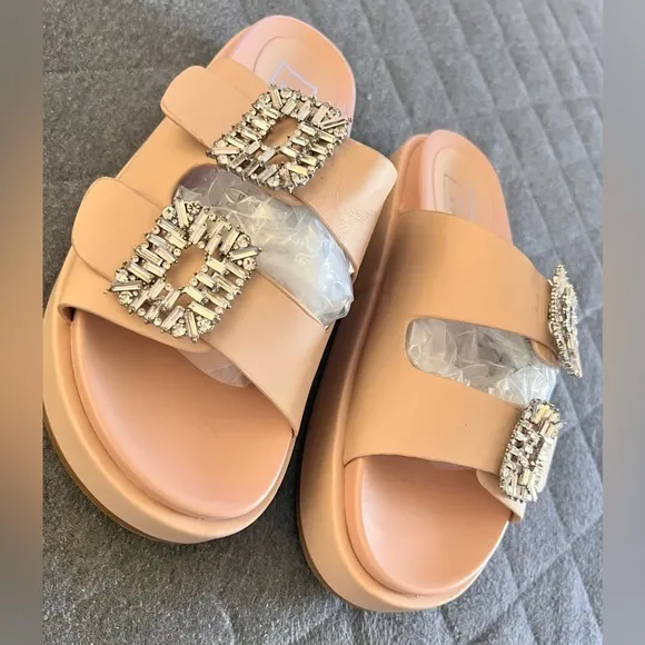 NWOT SHU SHOP Lola Nude Leather Sz 9 Double Strap Platform Slides Sandals