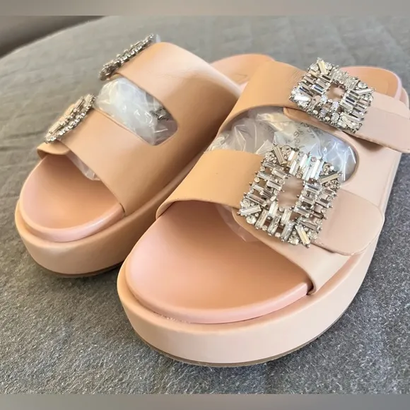 NWOT SHU SHOP Lola Nude Leather Sz 9 Double Strap Platform Slides Sandals