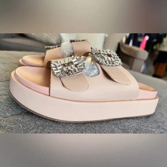 NWOT SHU SHOP Lola Nude Leather Sz 9 Double Strap Platform Slides Sandals