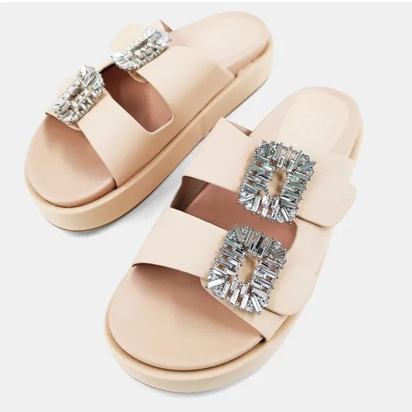 NWOT SHU SHOP Lola Nude Leather Sz 9 Double Strap Platform Slides Sandals