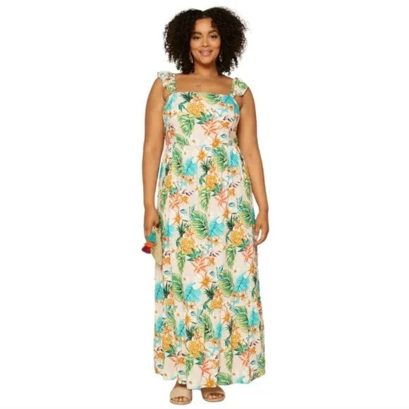 NWOT Skies Are Blue Elliot Pink Tropical  Botanical Floral Print Maxi Dress M