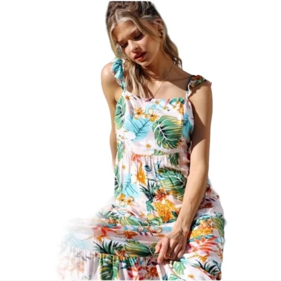 NWOT Skies Are Blue Elliot Pink Tropical  Botanical Floral Print Maxi Dress M