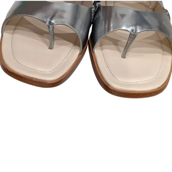 NWOT Tod's Metallic Silver Leather Ankle Strap FlatSandals Size 38.5