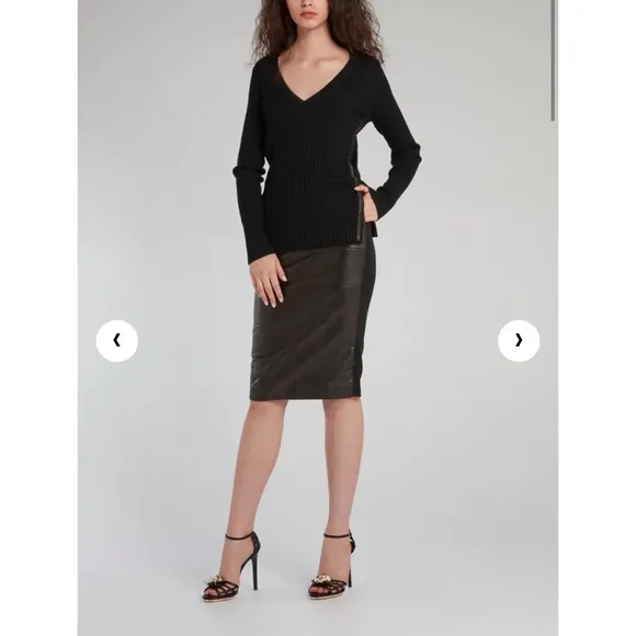 NWT $1055 Robert Cavalli Black Leather Panel Pencil Skirt Italian Size 40 U.S. 4
