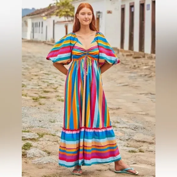 NWT $265 FARM RIO Striped Scarf Maxi Ruffled Dress Sz XS