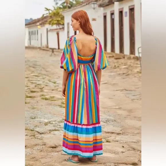 NWT $265 FARM RIO Striped Scarf Maxi Ruffled Dress Sz XS