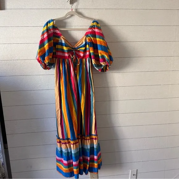NWT $265 FARM RIO Striped Scarf Maxi Ruffled Dress Sz XS