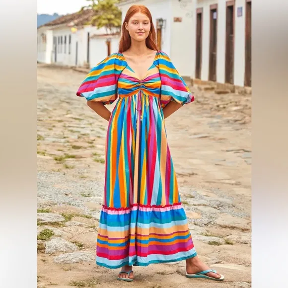 NWT $265 FARM RIO Striped Scarf Maxi Ruffled Dress Sz XS
