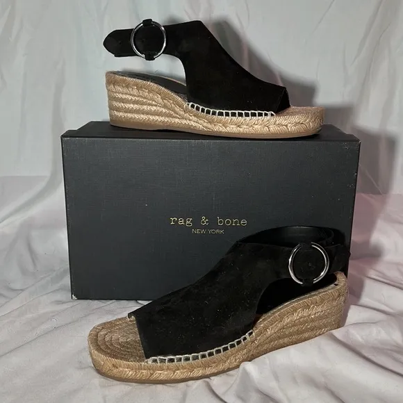 NWT $395 rag &amp; bone | Calla | Suede Wedge Sandals in Black | Size 9.5
