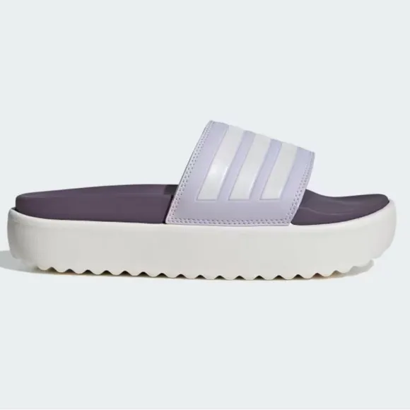 NWT Adidas ADILETTE PLATFORM SLIDES In Silver Dawn / Zero Metalic Shadow Violet