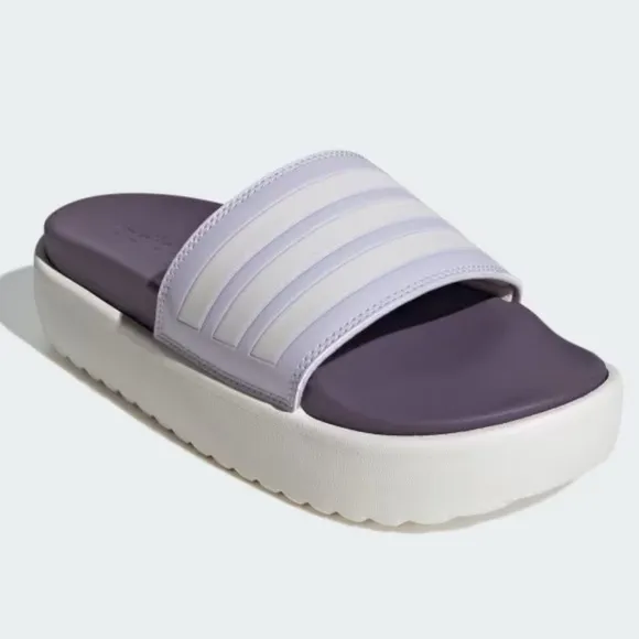 NWT Adidas ADILETTE PLATFORM SLIDES In Silver Dawn / Zero Metalic Shadow Violet