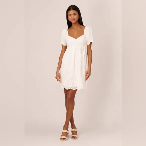 NWT Adrianna Papell Puff Short Sleeve Eyelet Dress with Empire Waist Ivory