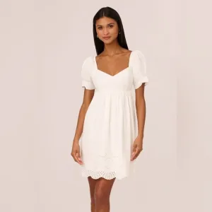 NWT Adrianna Papell Puff Short Sleeve Eyelet Dress with Empire Waist Ivory