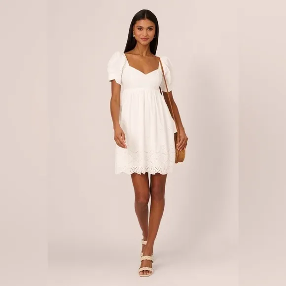 NWT Adrianna Papell Puff Short Sleeve Eyelet Dress with Empire Waist Ivory