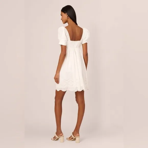 NWT Adrianna Papell Puff Short Sleeve Eyelet Dress with Empire Waist Ivory