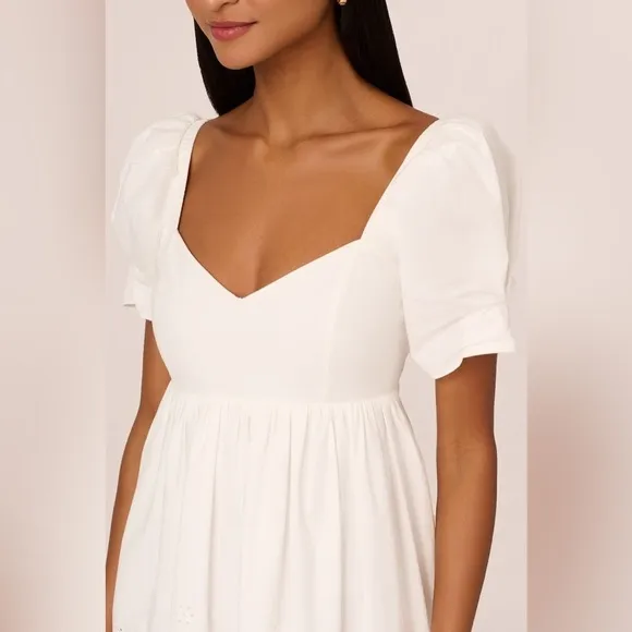 NWT Adrianna Papell Puff Short Sleeve Eyelet Dress with Empire Waist Ivory