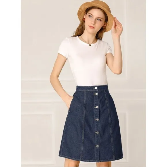 NWT! Allegra K Women's Elastic Back Button Down Denim Skirt w Pockets Blue M