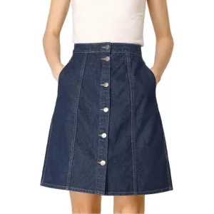 NWT! Allegra K Women's Elastic Back Button Down Denim Skirt w Pockets Blue M