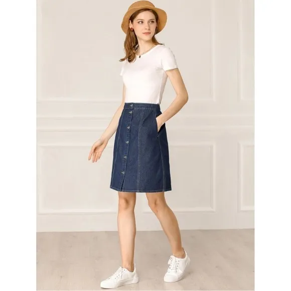 NWT! Allegra K Women's Elastic Back Button Down Denim Skirt w Pockets Blue M