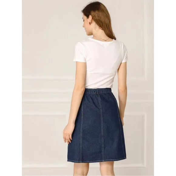 NWT! Allegra K Women's Elastic Back Button Down Denim Skirt w Pockets Blue M
