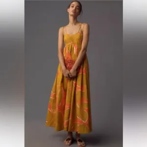 NWT Anthropologie Babydoll Midi Dress Coral Orange Lime Brown Size S Small