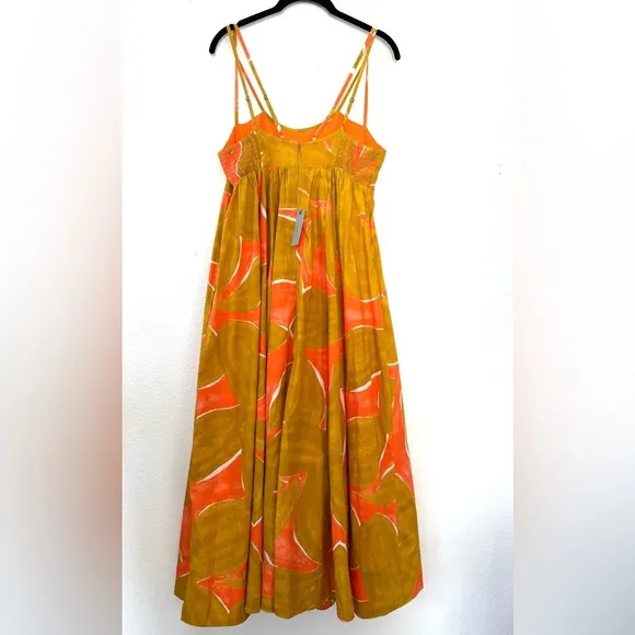 NWT Anthropologie Babydoll Midi Dress Coral Orange Lime Brown Size S Small